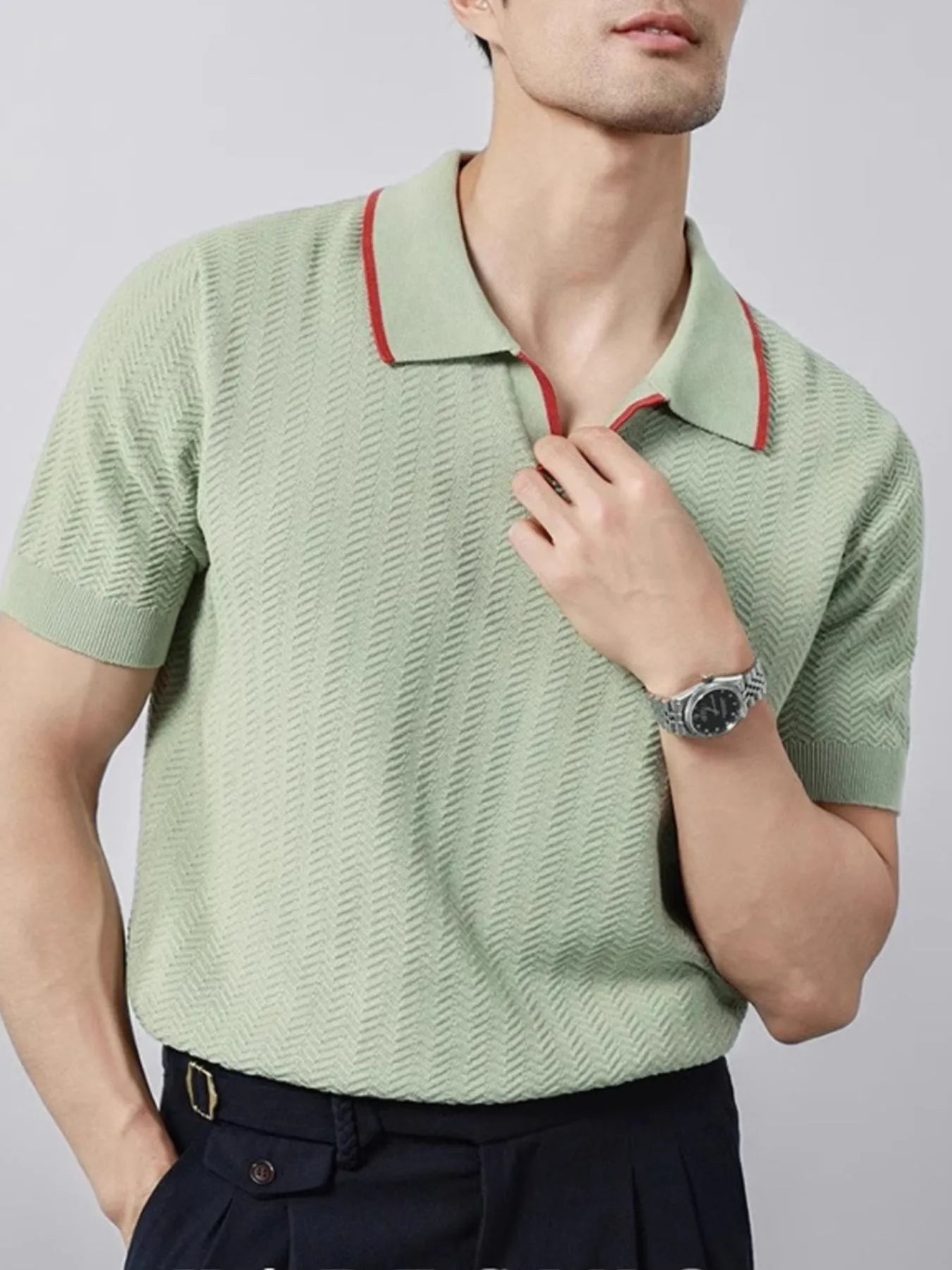 Men's Plus Size Textured Contrast Trim Short Sleeve Polo