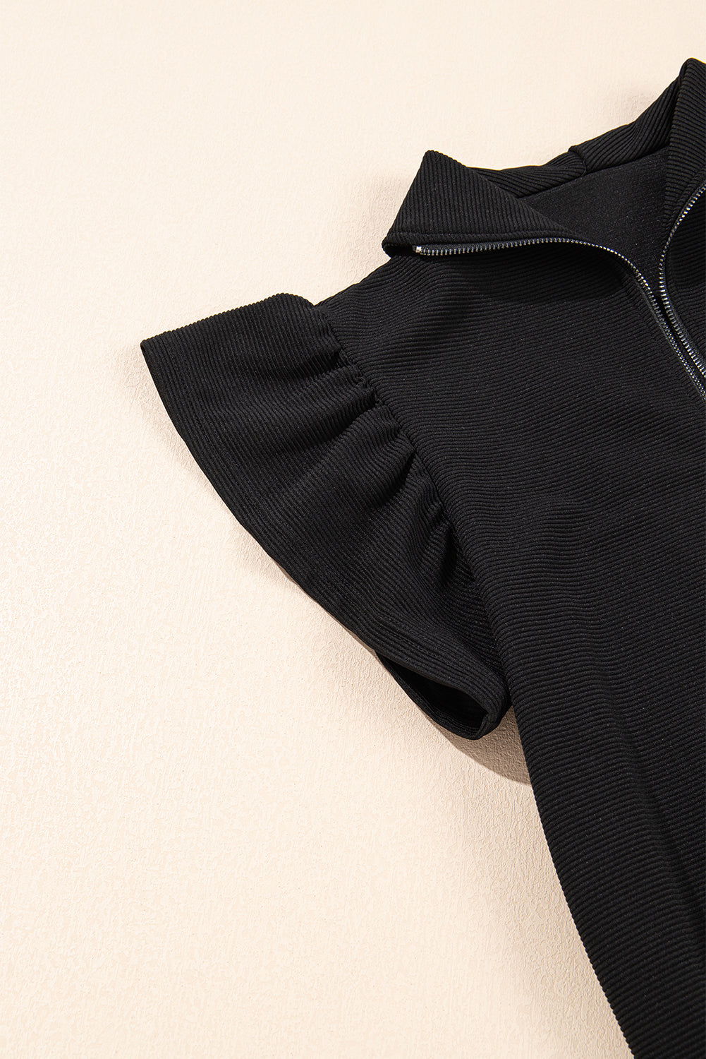 Black Textured Ruffle Sleeve Zipped Top and Wide Leg Pants Set