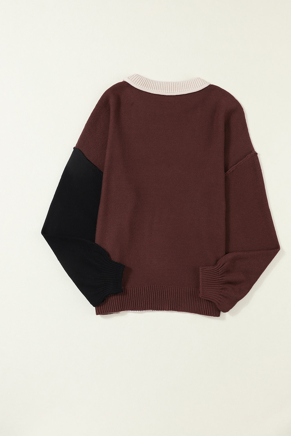 Black Colorblock Bishop Sleeve Exposed Seam Ribbed Trim Sweater 