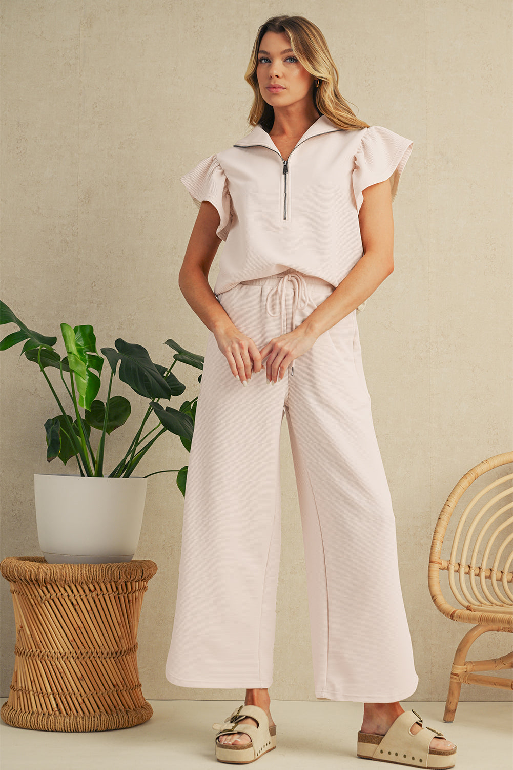 Black Textured Ruffle Sleeve Zipped Top and Wide Leg Pants Set