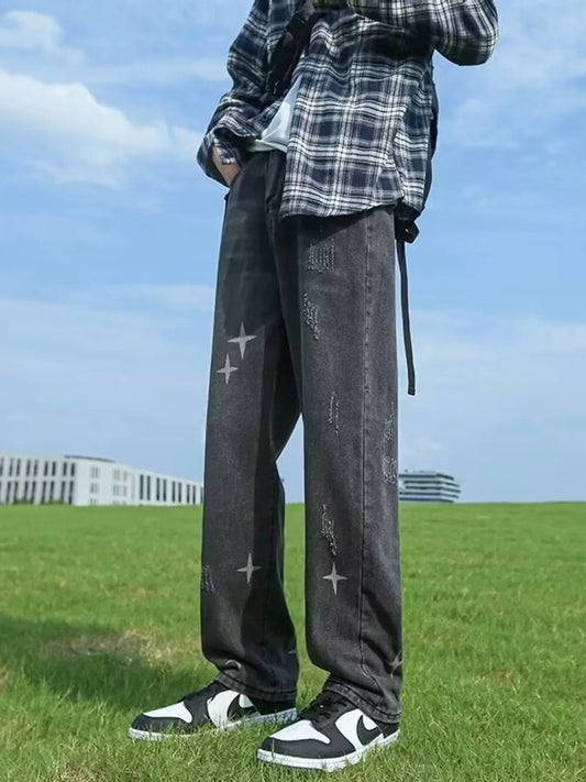 Men's Full Size Distressed Wide Leg Jeans Plus Size