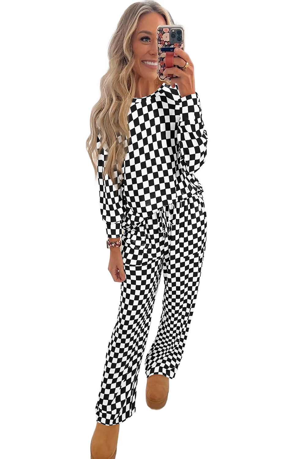  Beige Checkered Print Long Sleeve Loose Fit Pajama Set