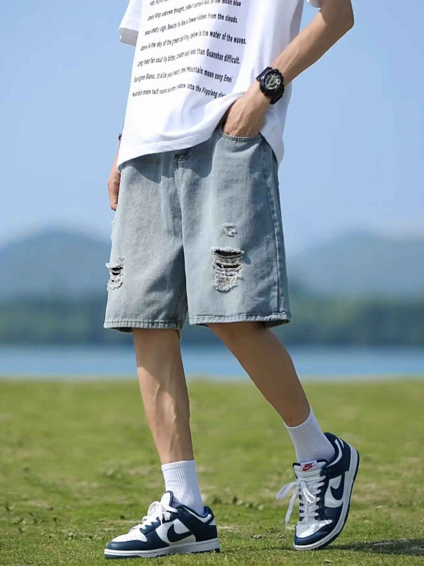 Men's Full Size Casual Loose Fit Ripped Denim Shorts Plus Size