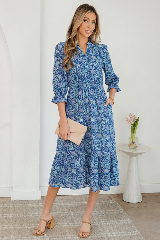 Sky Blue Floral Printed Frilled V Neck Bracelet Sleeve Long Dress