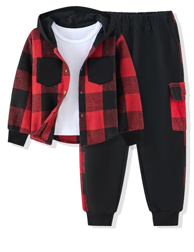 Auiopila Kids Toddler Boy Clothes Plaid Hooded Shirt White T-shirt Top and Solid Color Pants 3Pcs Winter Boys Outfits