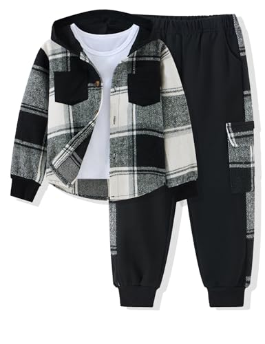 Auiopila Kids Toddler Boy Clothes Plaid Hooded Shirt White T-shirt Top and Solid Color Pants 3Pcs Winter Boys Outfits