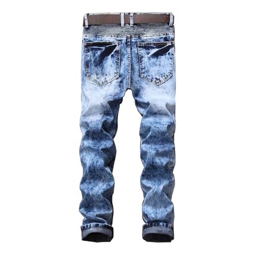 AITITIA Men's Biker Zipper Deco Washed Straight Fit Jeans (40, 002 Light Blue)