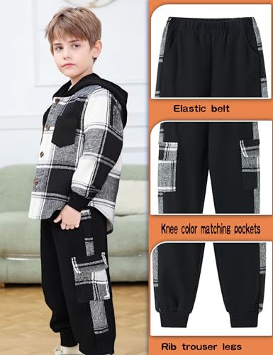 Auiopila Kids Toddler Boy Clothes Plaid Hooded Shirt White T-shirt Top and Solid Color Pants 3Pcs Winter Boys Outfits