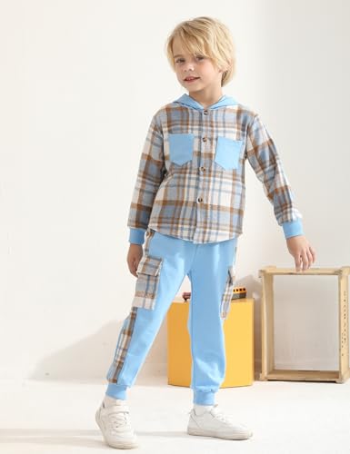 Auiopila Kids Toddler Boy Clothes Plaid Hooded Shirt White T-shirt Top and Solid Color Pants 3Pcs Winter Boys Outfits