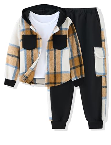 Auiopila Kids Toddler Boy Clothes Plaid Hooded Shirt White T-shirt Top and Solid Color Pants 3Pcs Winter Boys Outfits