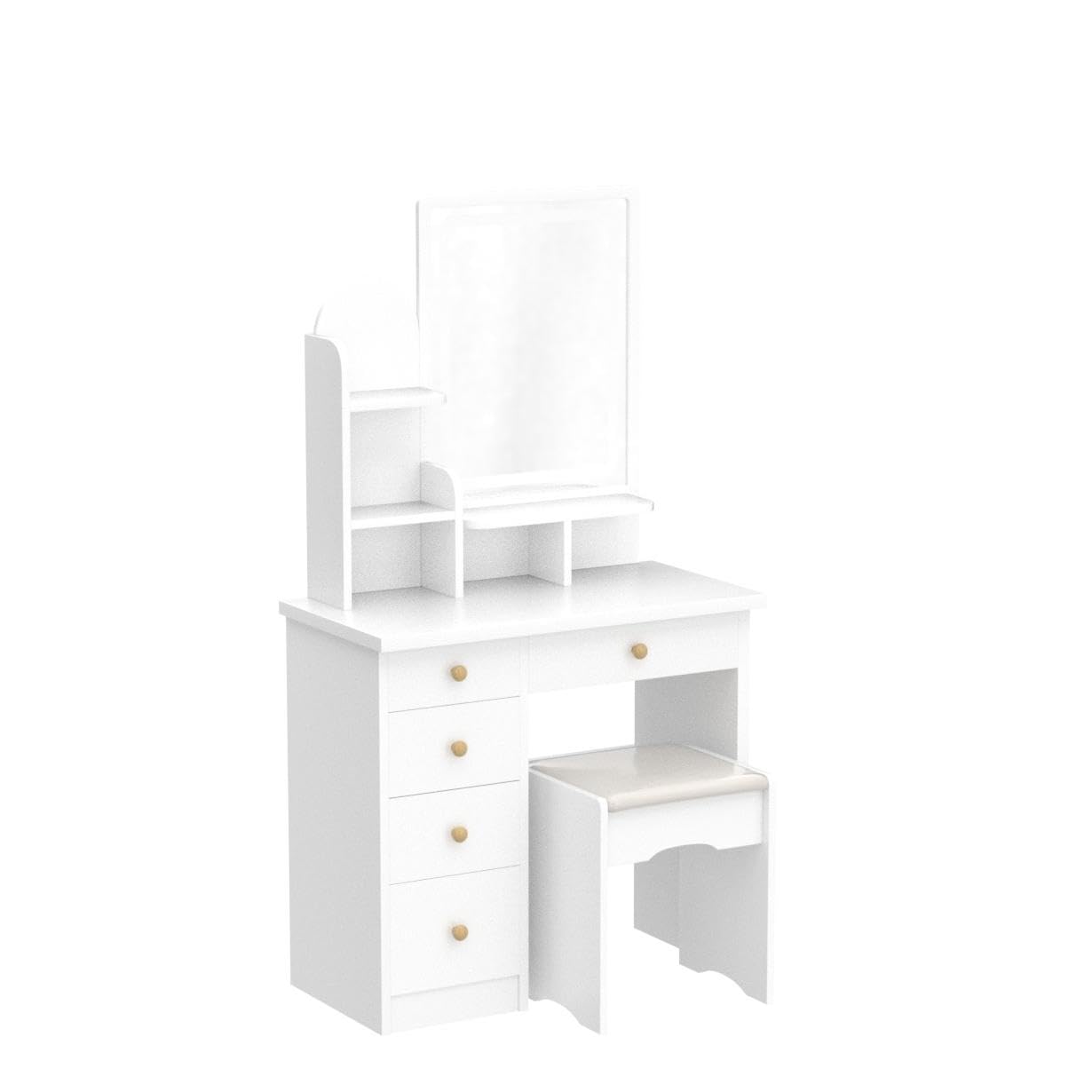 White children's desk with shelves and drawers on a white background