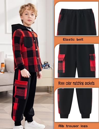 Auiopila Kids Toddler Boy Clothes Plaid Hooded Shirt White T-shirt Top and Solid Color Pants 3Pcs Winter Boys Outfits