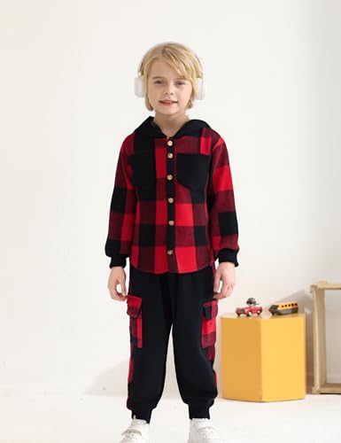 Auiopila Kids Toddler Boy Clothes Plaid Hooded Shirt White T-shirt Top and Solid Color Pants 3Pcs Winter Boys Outfits