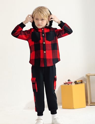 Auiopila Kids Toddler Boy Clothes Plaid Hooded Shirt White T-shirt Top and Solid Color Pants 3Pcs Winter Boys Outfits
