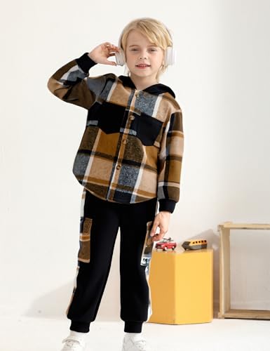 Auiopila Kids Toddler Boy Clothes Plaid Hooded Shirt White T-shirt Top and Solid Color Pants 3Pcs Winter Boys Outfits