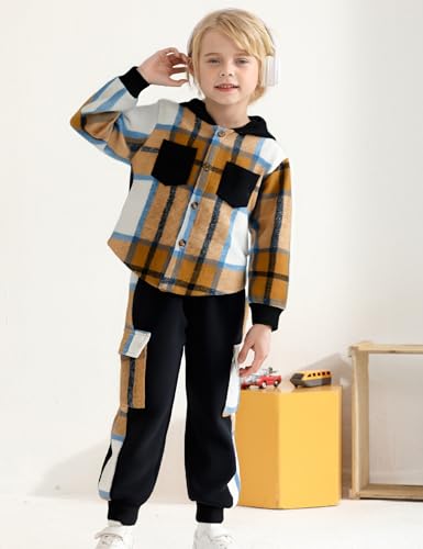 Auiopila Kids Toddler Boy Clothes Plaid Hooded Shirt White T-shirt Top and Solid Color Pants 3Pcs Winter Boys Outfits