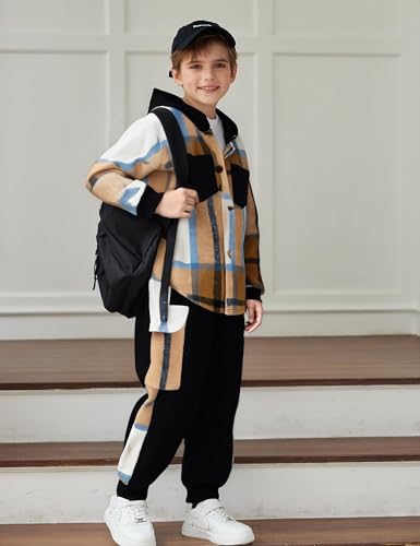 Auiopila Kids Toddler Boy Clothes Plaid Hooded Shirt White T-shirt Top and Solid Color Pants 3Pcs Winter Boys Outfits