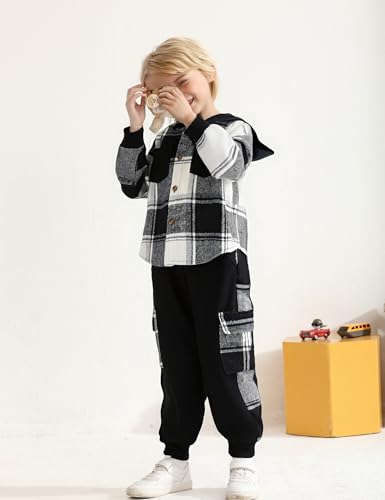 Auiopila Kids Toddler Boy Clothes Plaid Hooded Shirt White T-shirt Top and Solid Color Pants 3Pcs Winter Boys Outfits
