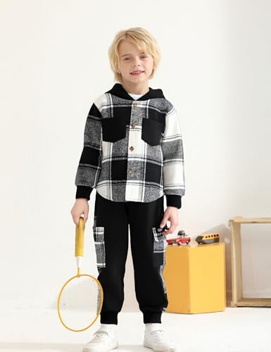 Auiopila Kids Toddler Boy Clothes Plaid Hooded Shirt White T-shirt Top and Solid Color Pants 3Pcs Winter Boys Outfits