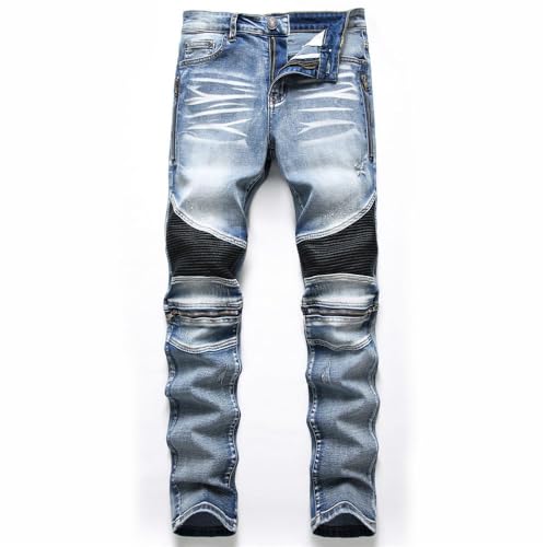 AITITIA Men's Biker Zipper Deco Washed Straight Fit Jeans (40, 002 Light Blue)