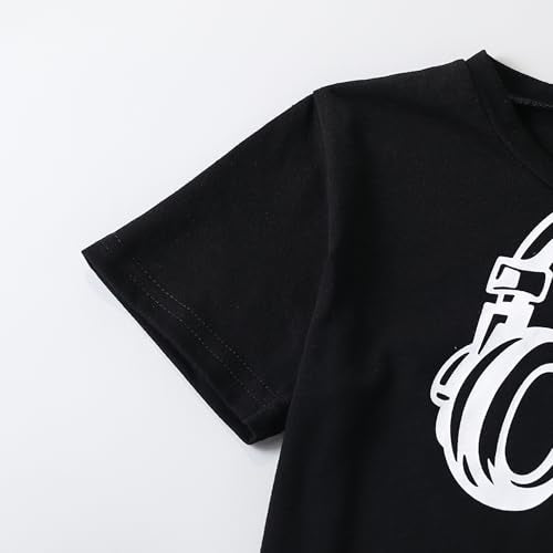 Black t-shirt with white graphic design on a light gray background