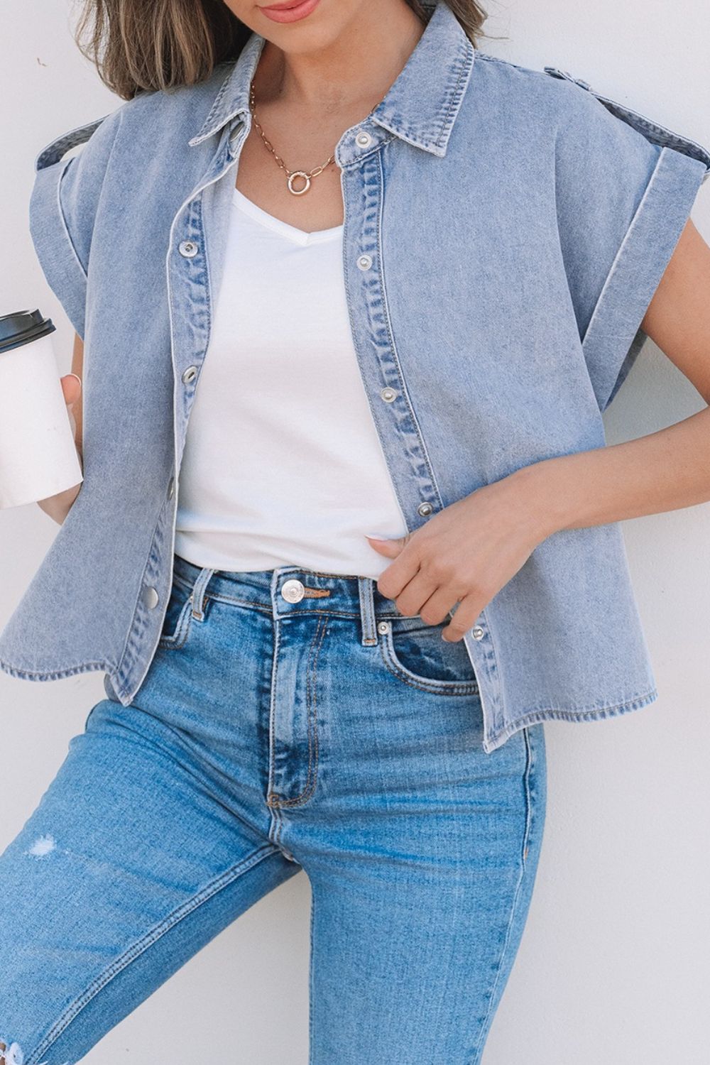 Snap Down Cap Sleeve Denim Top