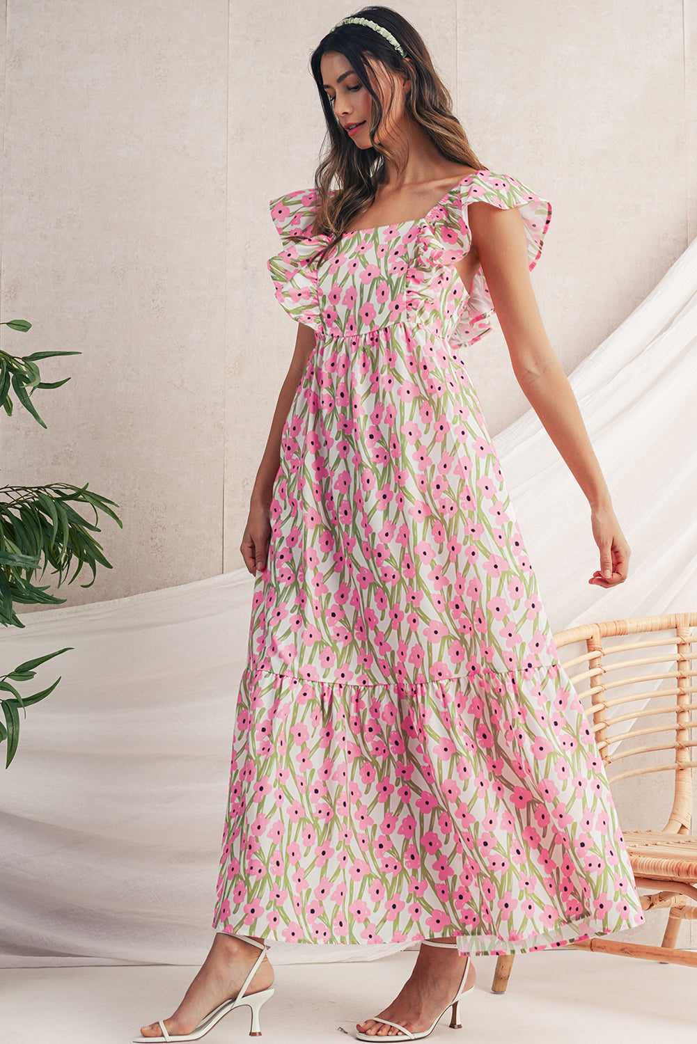 Pink Floral Print Square Neck Ruffled Strap Maxi Dress