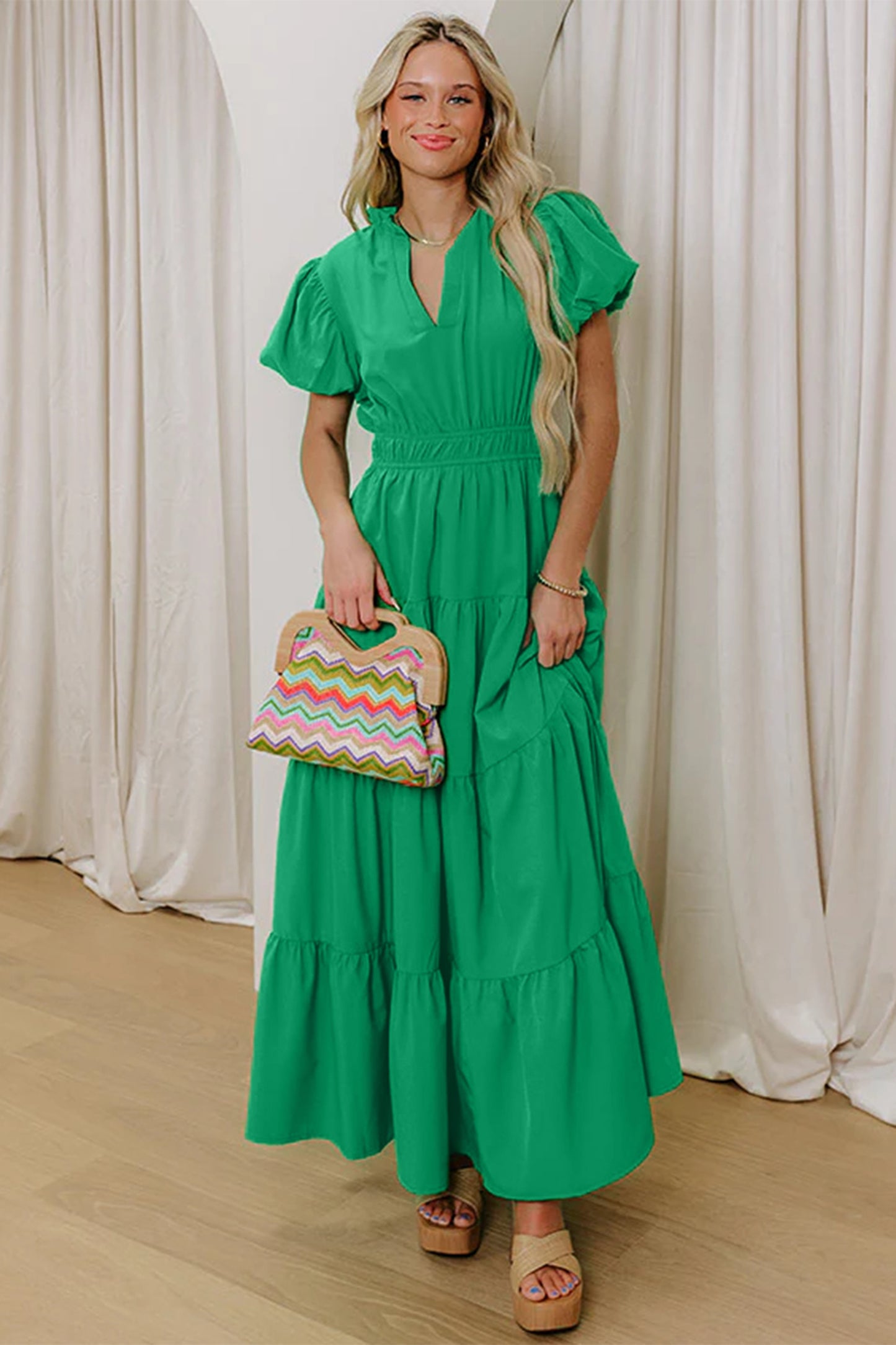 Lavendula Solid Color V Neck Short Puff Sleeve High Waist Tiered Maxi Dress