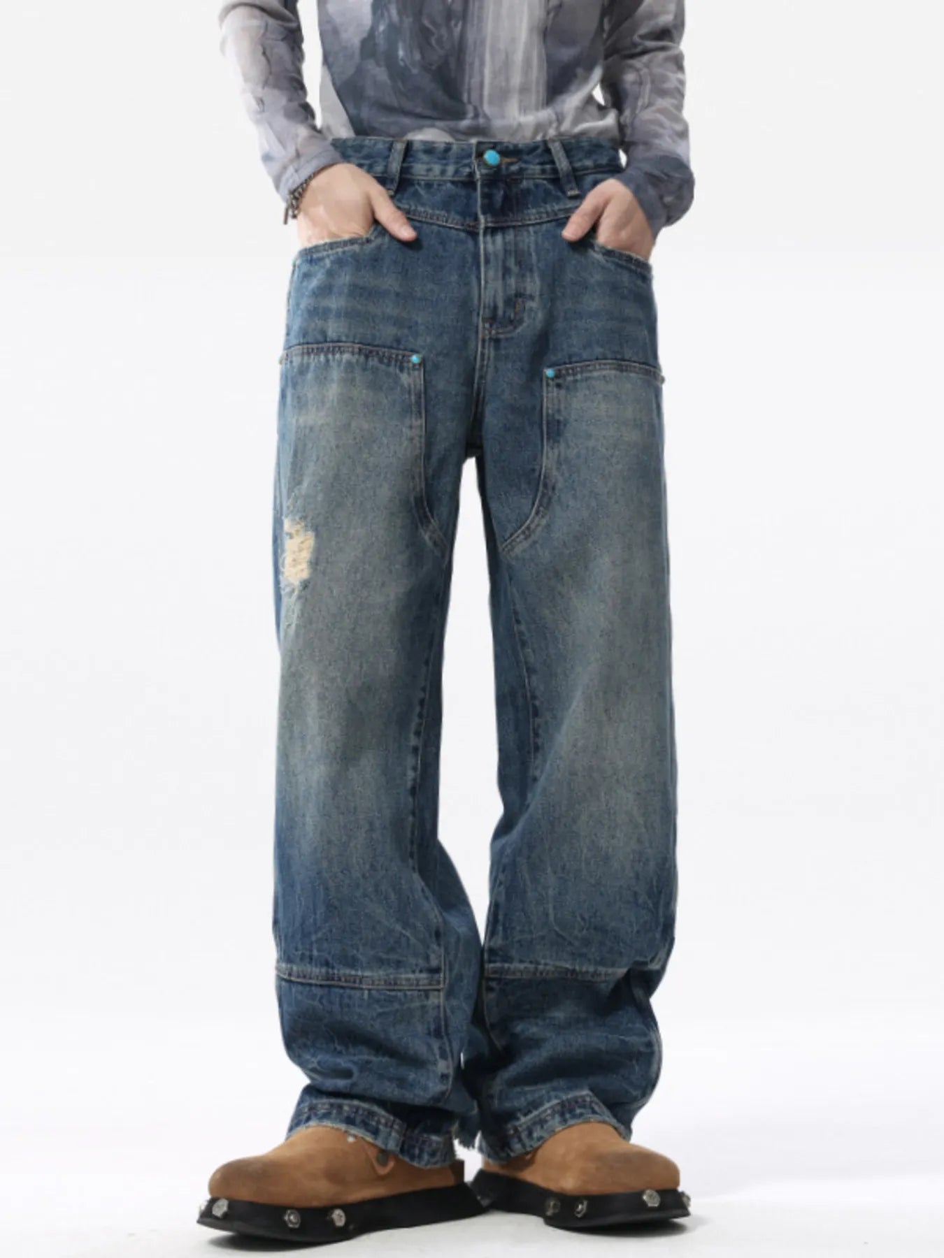Men's Full Size Distressed Wide Leg Jeans Plus Size