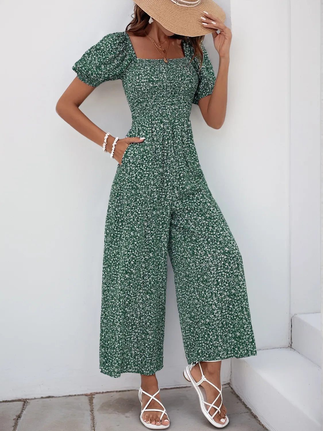 Printed Square Neck Puff Sleeve Jumpsuit