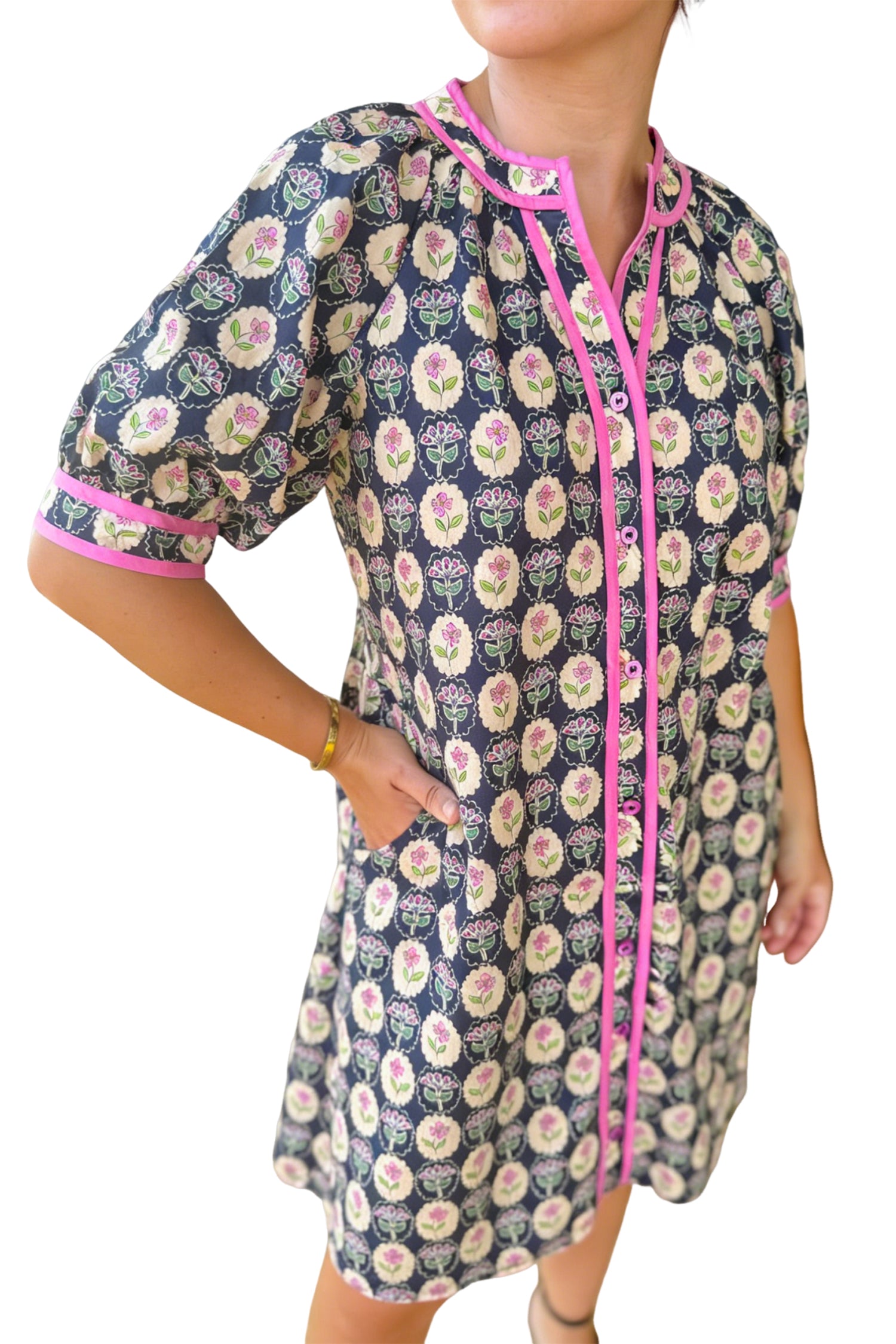 Blue Striped Trim Short Sleeve Vintage Floral Shift Dress