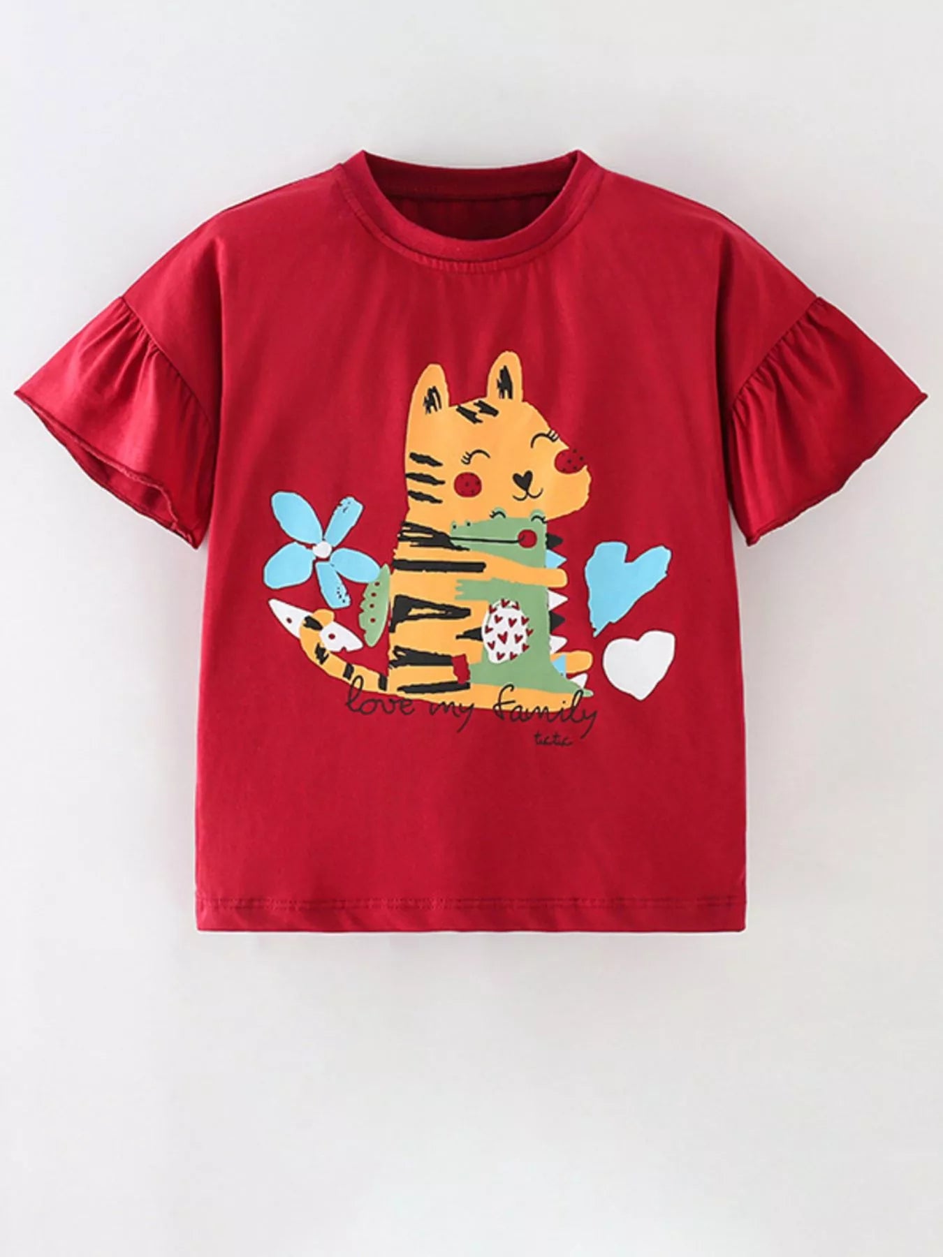 Children's Cartoon Tiger Graphic Ruffle Sleeve T-Shirt