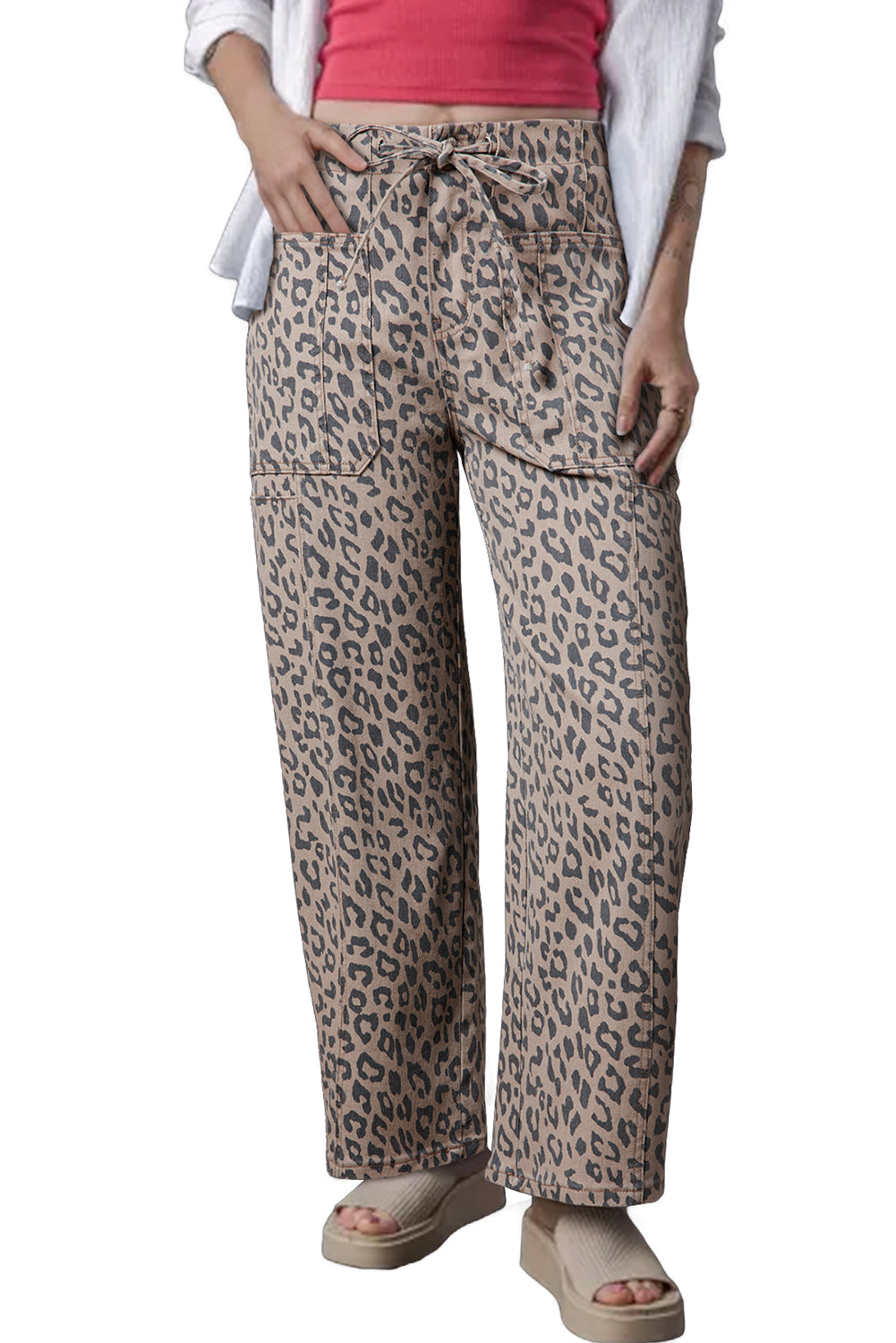 Khaki Leopard Print Drawstring Waist Pocketed Wide Leg Jeans