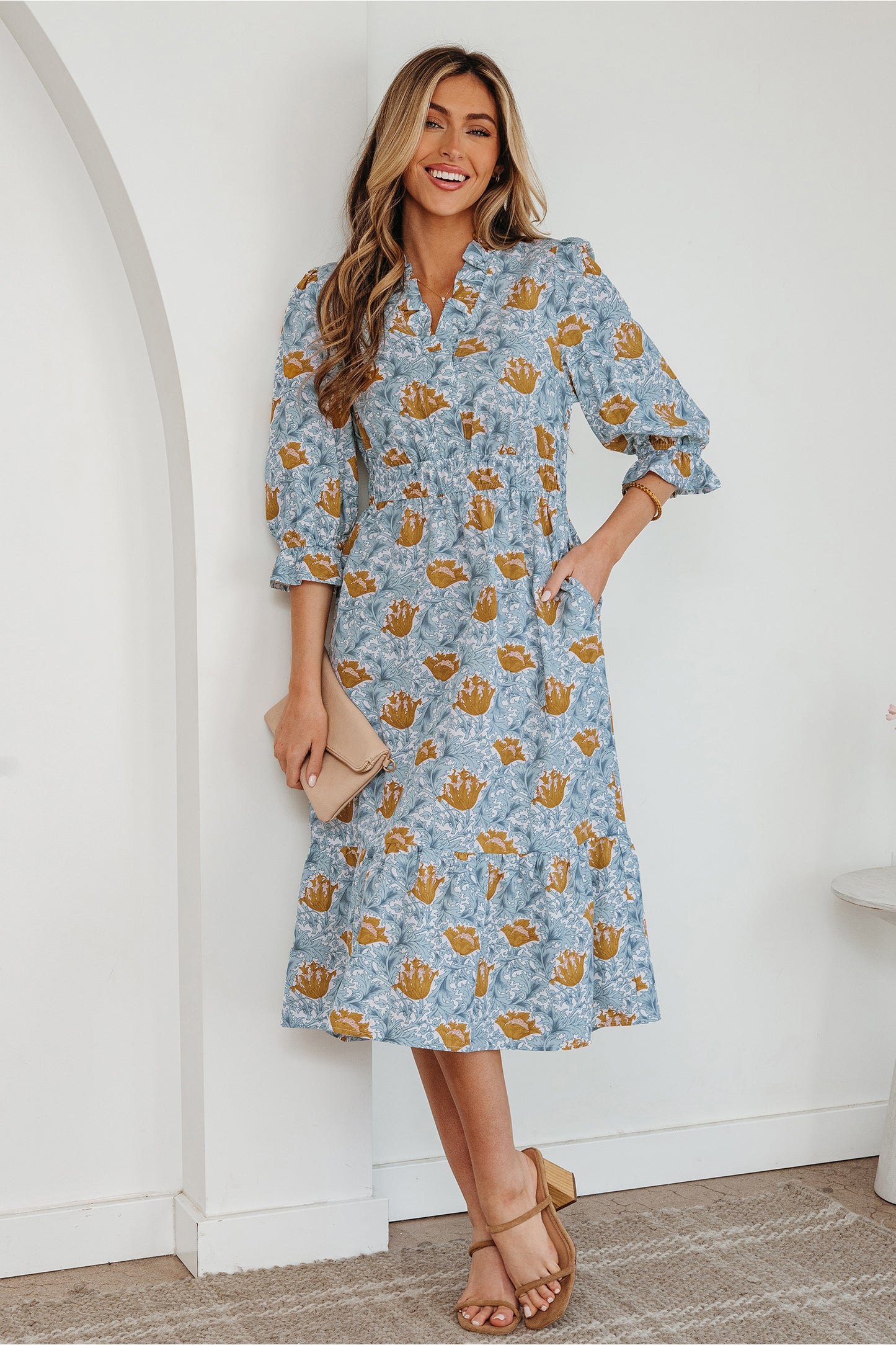 Sky Blue Floral Printed Frilled V Neck Bracelet Sleeve Long Dress