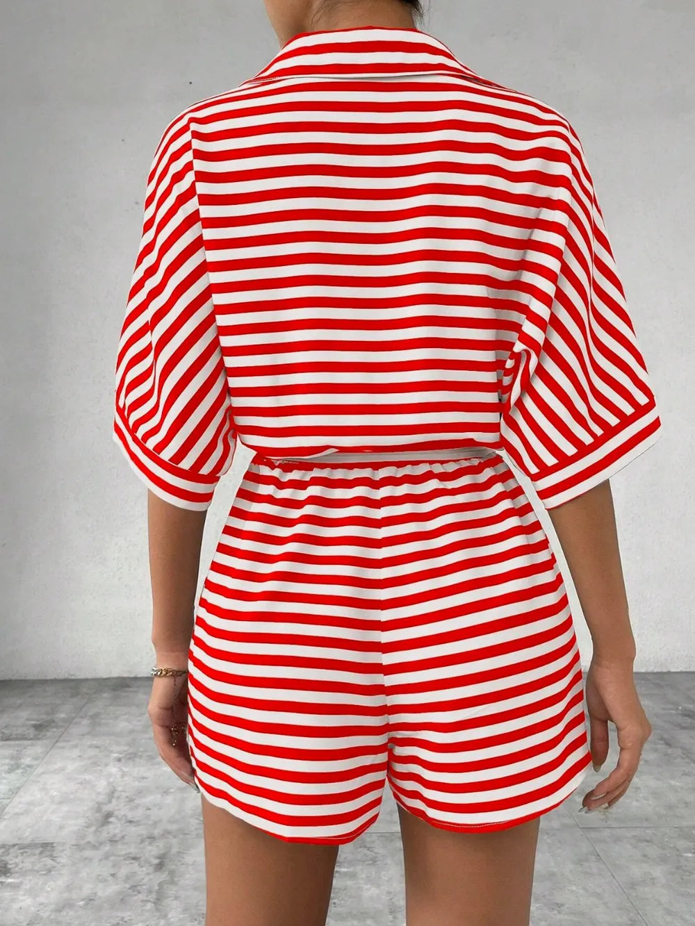 Tie Waist Half Button Striped Romper