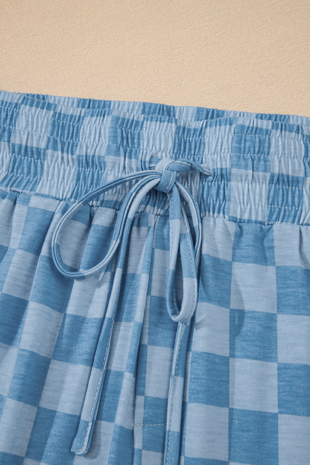 Sky Blue Tie Elastic Waist Checkered Loose Pants