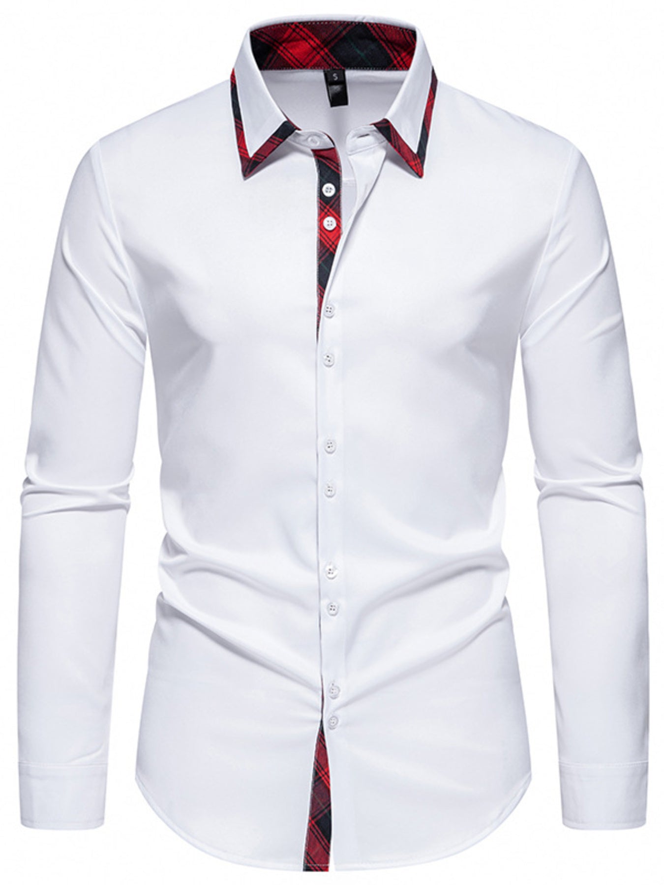 White dress shirt with red plaid accents on a white background