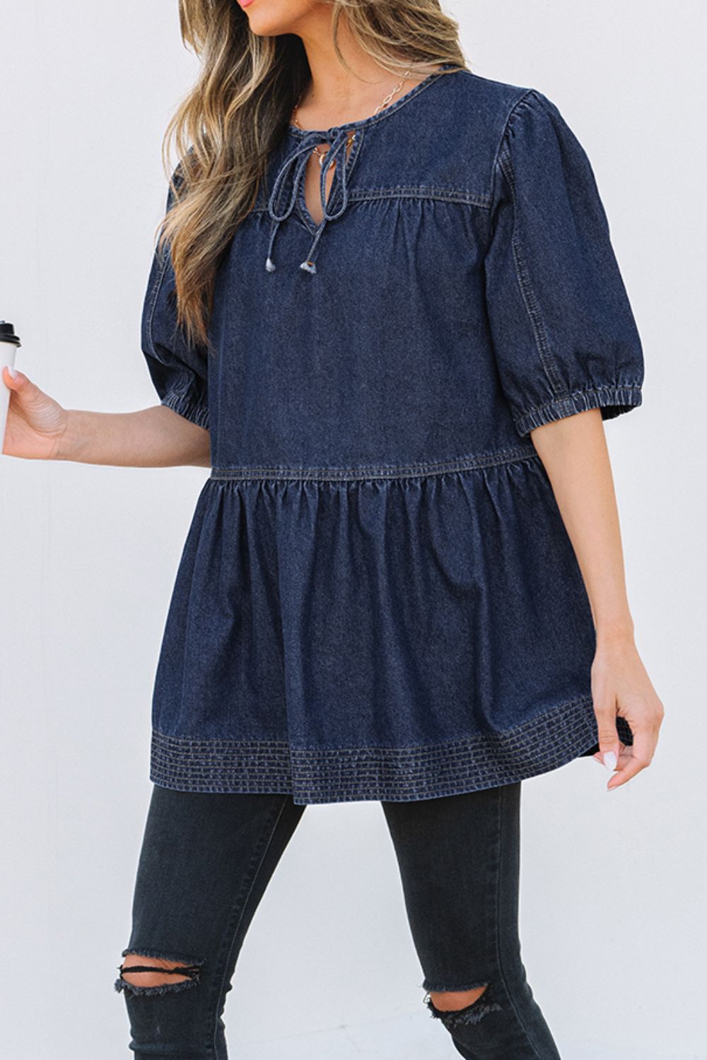 Ruffled Open Front Denim Top