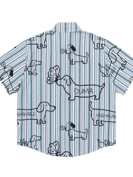 Men's Striped Dog Print Short Sleeve Button-Up Shirt