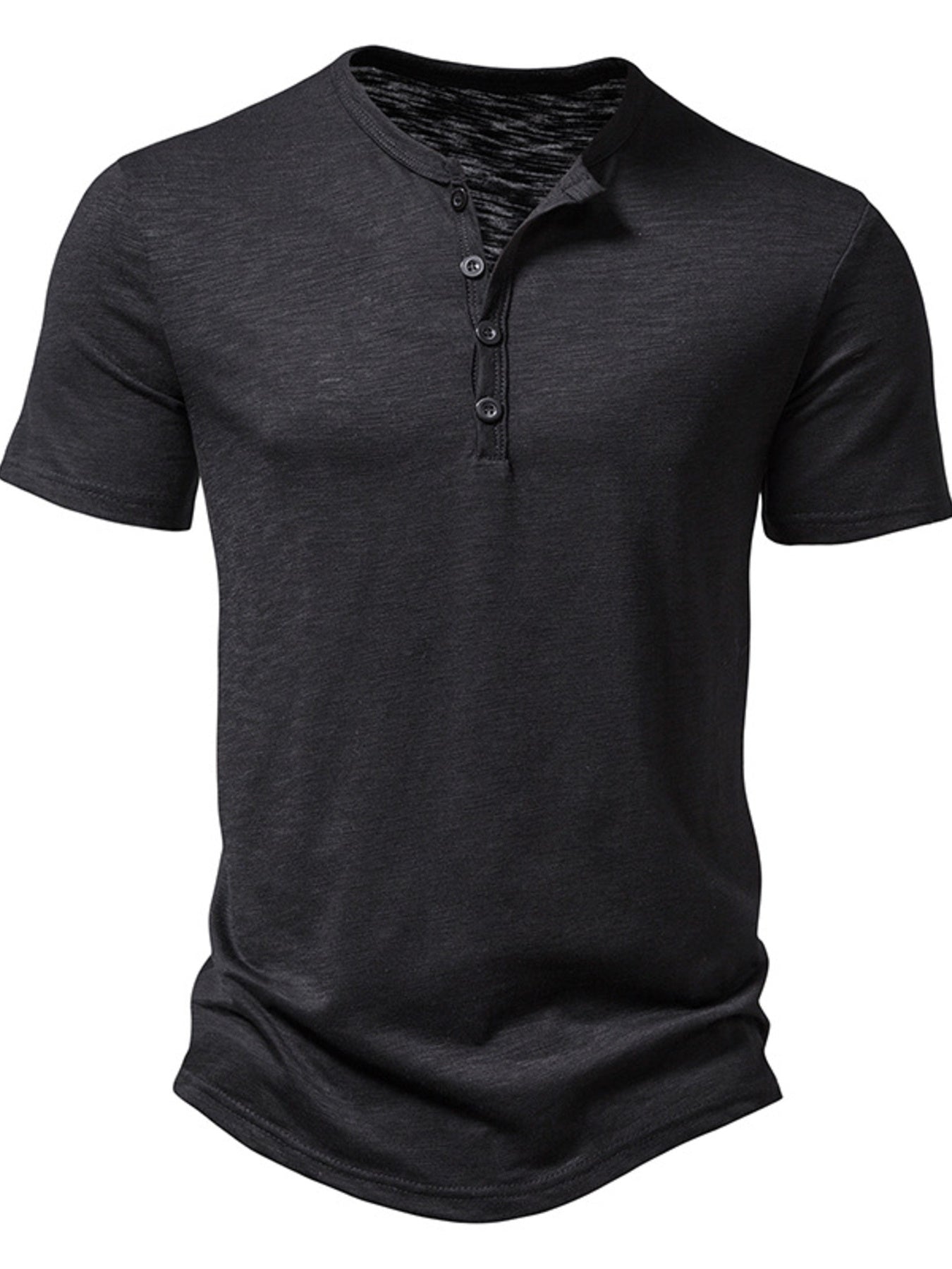 Black short-sleeve henley shirt on a white background