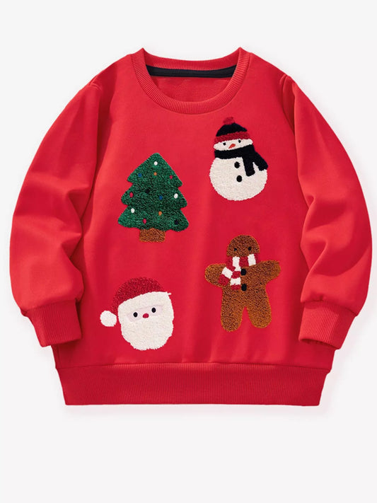 Red sweater with Christmas-themed designs on a white background