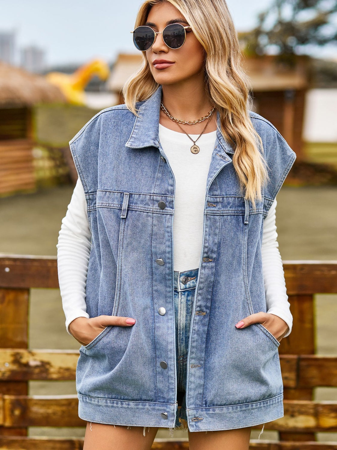 Drawstring Hooded Button Up Denim Jacket