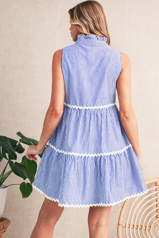 Blue Stripe Sleeveless Notched V Neck Contrast Ric Rac Mini Dress