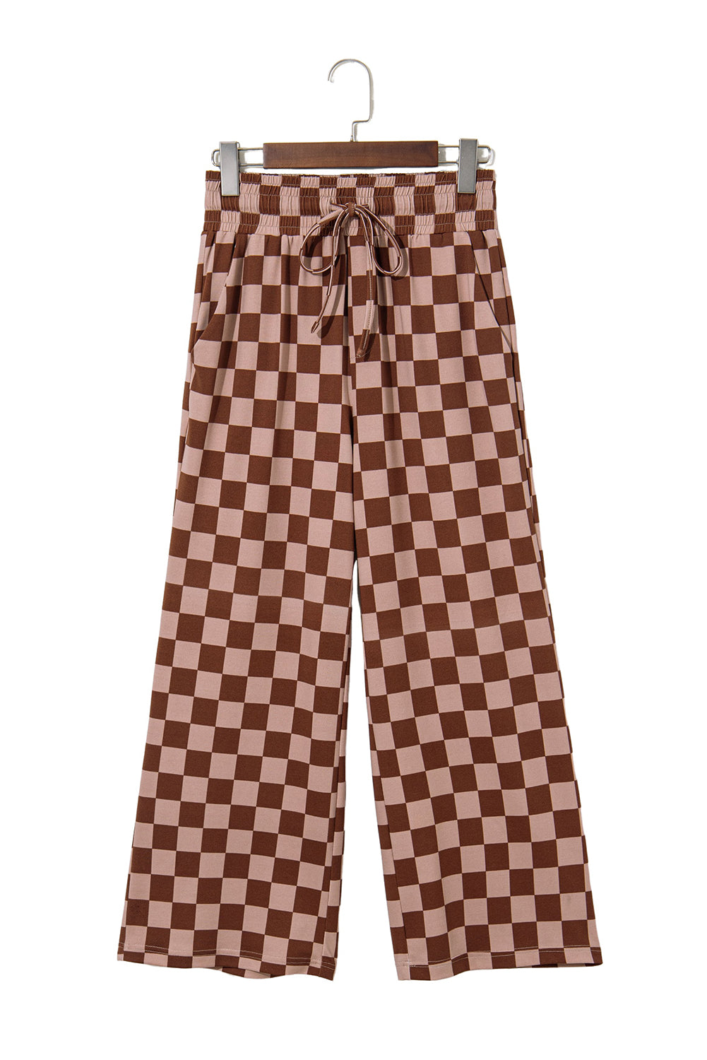 Sky Blue Tie Elastic Waist Checkered Loose Pants