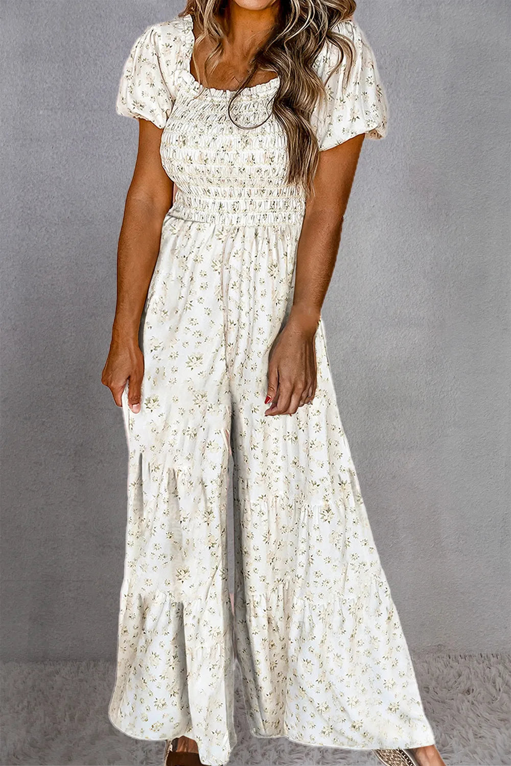 Smocked Printed Short Sleeve Jumpsuit
