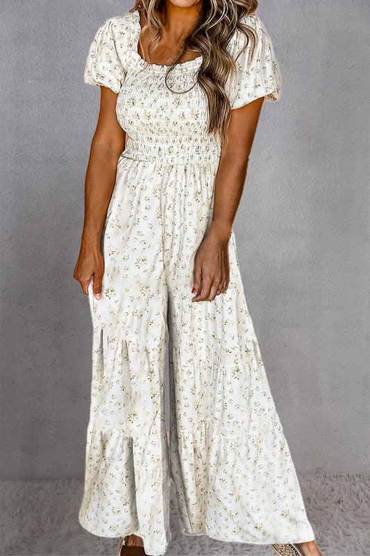 Smocked Printed Short Sleeve Jumpsuit
