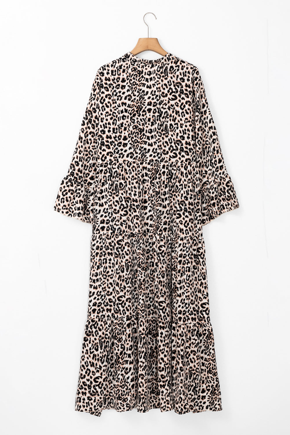 Apricot Leopard Print Tiered Wide Sleeve Maxi Dress 