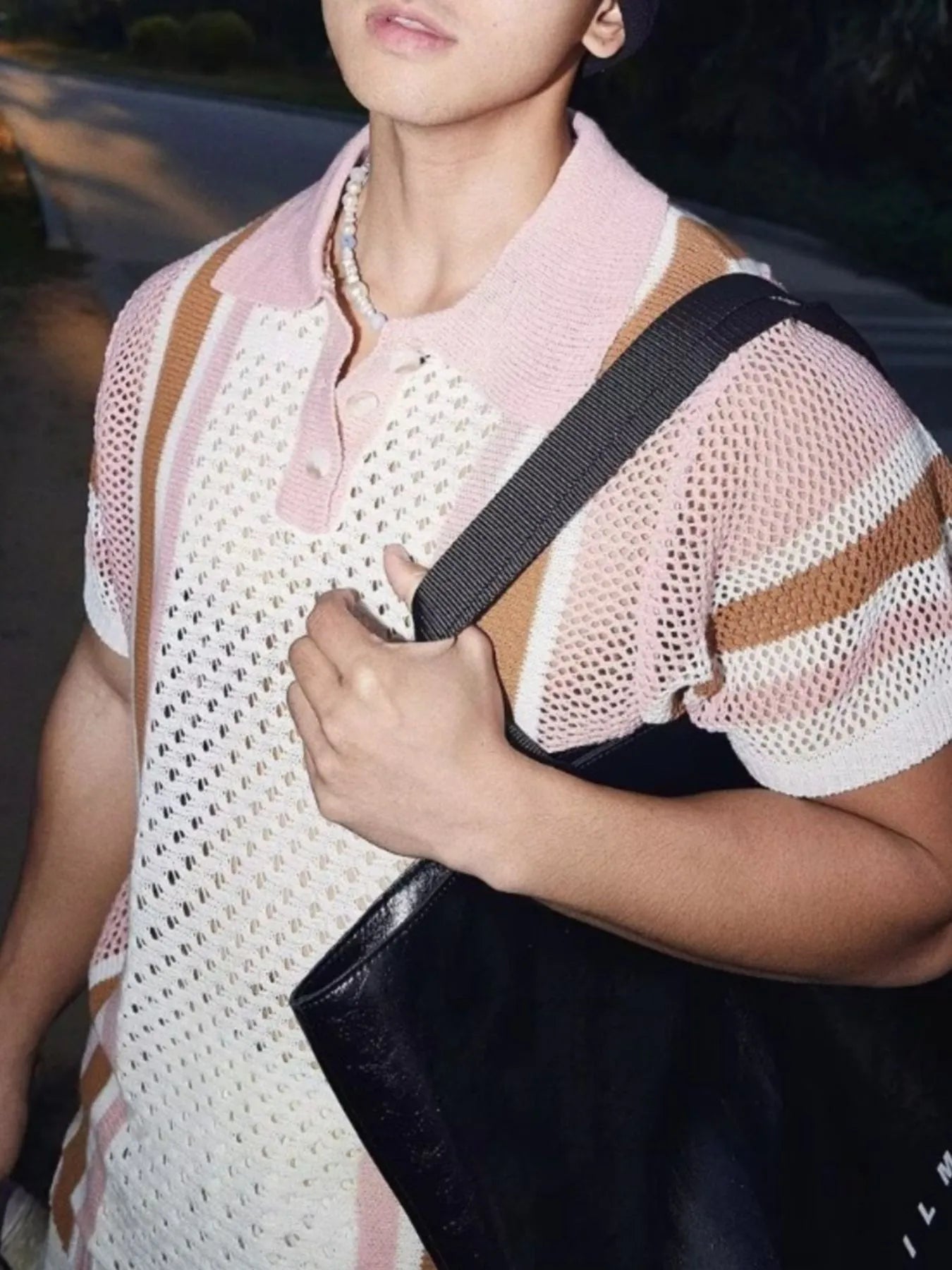 Men's Full Size Hollow Out Short Sleeve Contrast Knit Polo Plus Size