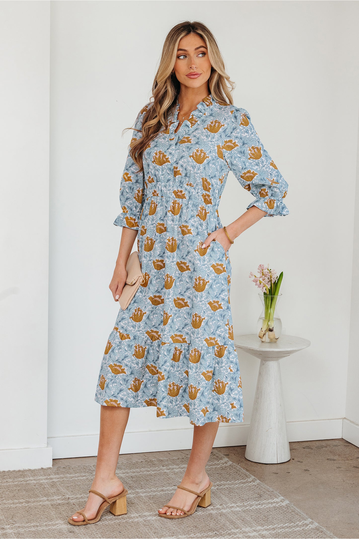 Sky Blue Floral Printed Frilled V Neck Bracelet Sleeve Long Dress