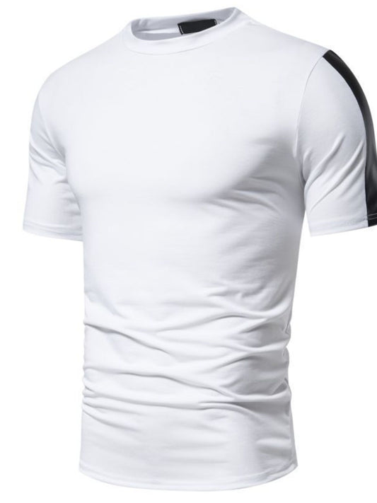 White t-shirt with black shoulder panels on a white background
